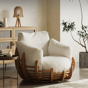 Modern Solid Wood 360° Swivel Lounge Chair with Cushions and Sculptural Frame